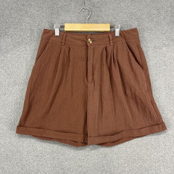 SHEIN Pants - SHEIN Shorts Womens Large Brown Pleated High Waist Cuffed Hem Pockets Belt Loops